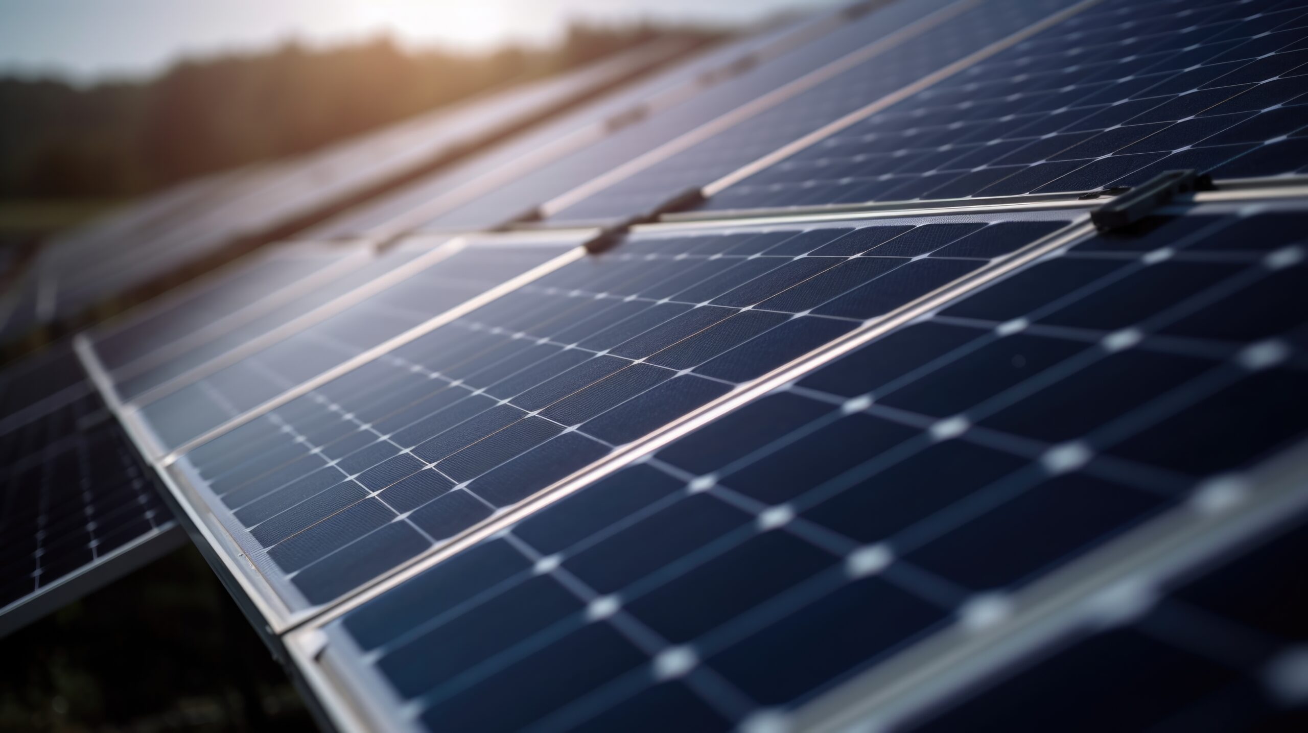 Großflächige Solaranlage mit zahlreichen Photovoltaikmodulen auf einer Freifläche unter klarem Himmel.